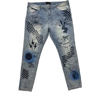 THRT Blue‎ Denim Jeans 42 Paint Splatter Graffiti Stretch Adult